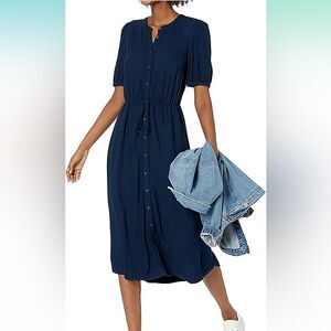 New with Tags Amazon Essentials Navy Blue Button Front‎ Midi Dress Size XS